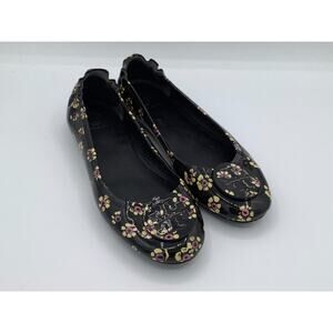 Tory Burch Size 8.5 Black Patent Leather with Yellow Pink Flowers Flats